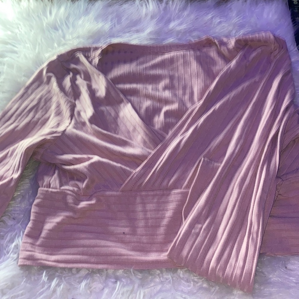 Pink Long Sleeved Crossover Shirt from SHEIN